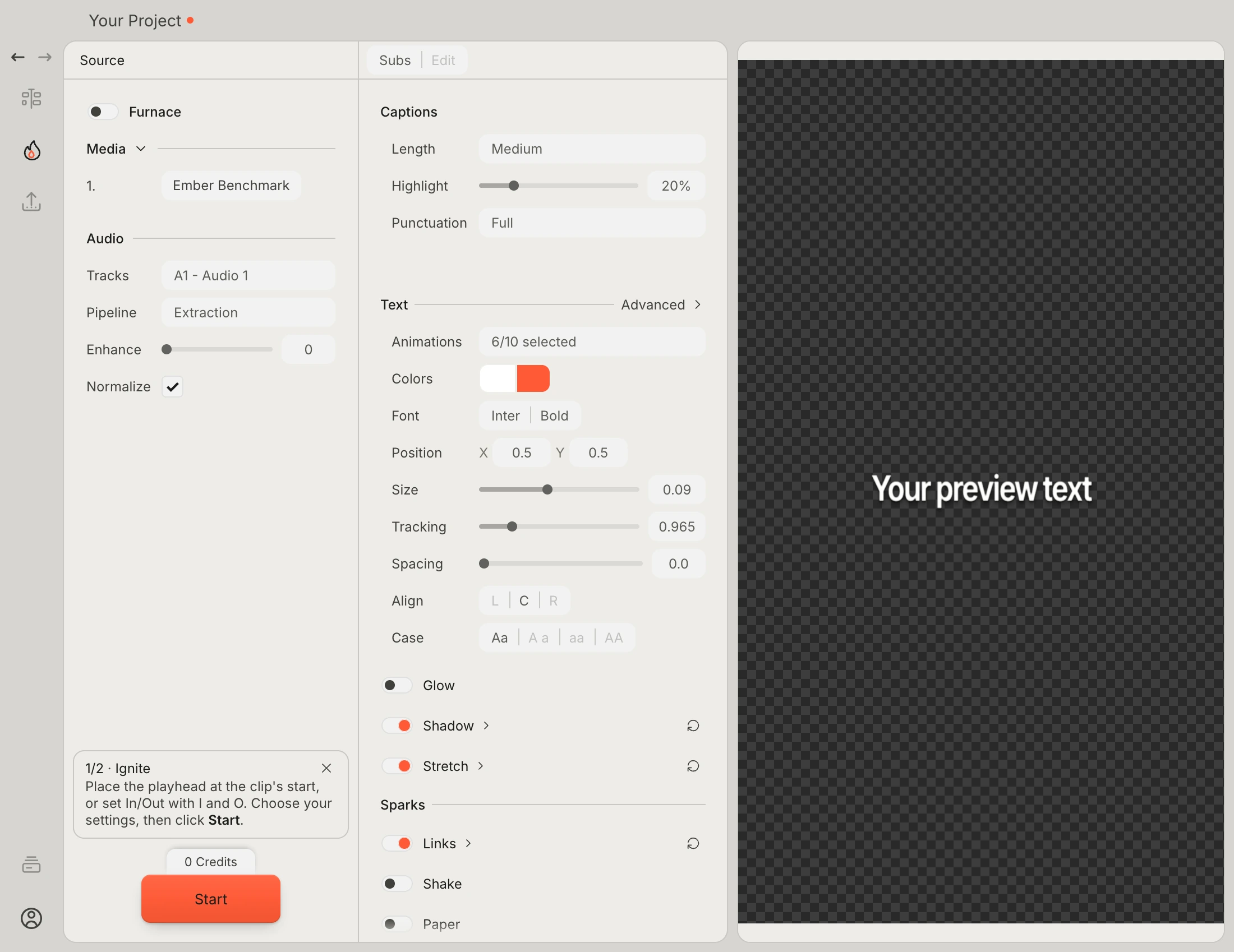 Ember's Generate page with the Start controls and a word-timed Resolve subtitle timeline